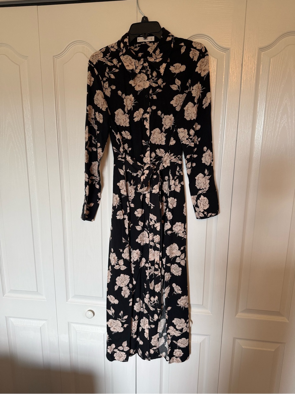 Mango Black Long-Sleeve Floral Tie-Waist Midi Dress